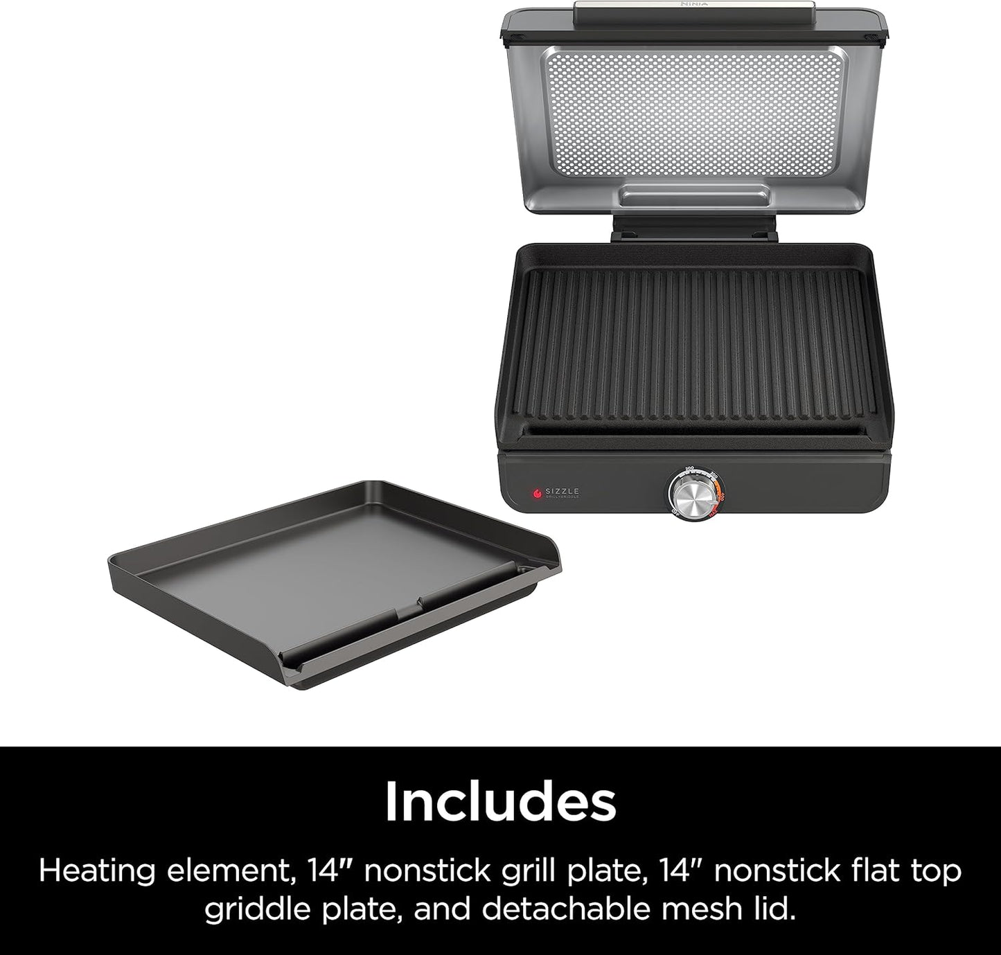Ninja Electric Grill Pan/Indoor Grill, 14-inch, suitable for steaks, burgers, salmon, vegetables, etc., can also make pancakes, non-stick coating, dishwasher safe, maximum temperature 500°F.