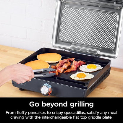 Ninja Electric Grill Pan/Indoor Grill, 14-inch, suitable for steaks, burgers, salmon, vegetables, etc., can also make pancakes, non-stick coating, dishwasher safe, maximum temperature 500°F.