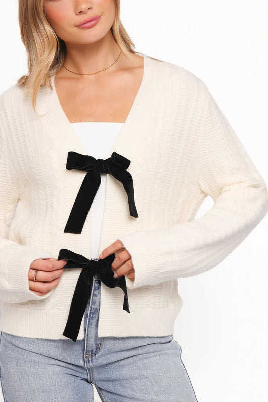 The Velvet Bow Cardigan in Cream